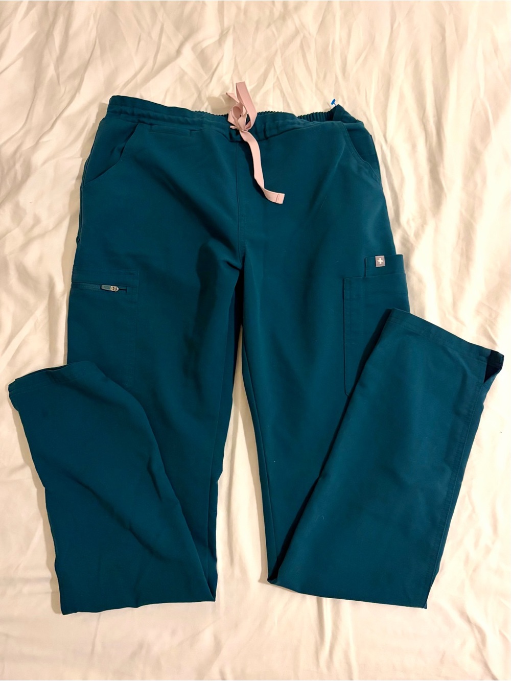 Figs Teal Scrub Pants with Pink Drawstring